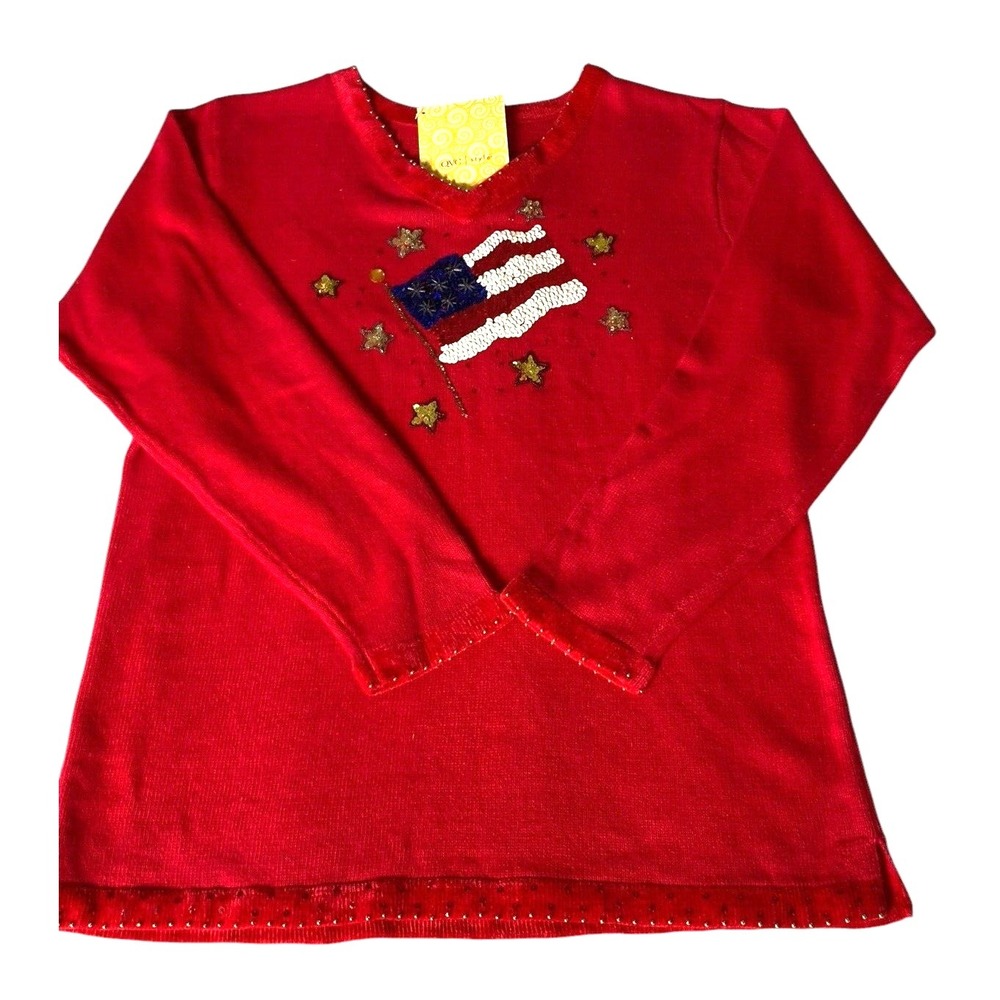 NWT Quacker Factory Sweater 4th Of July Red American Flag Sequins Patriotic Sz L